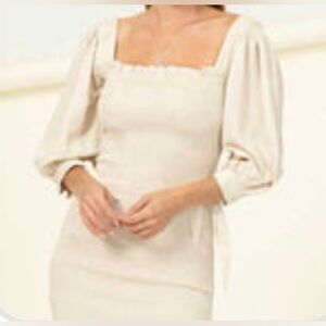 4. Smocked Ecru Bodycon Puff Sleeve Ruffle Hem Mini Dress